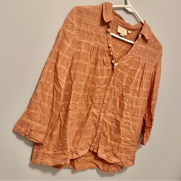 ๐ฅ 3/$30 Anthropologie orange embroidered plaid button long sleeve top - Picture 13 of 17